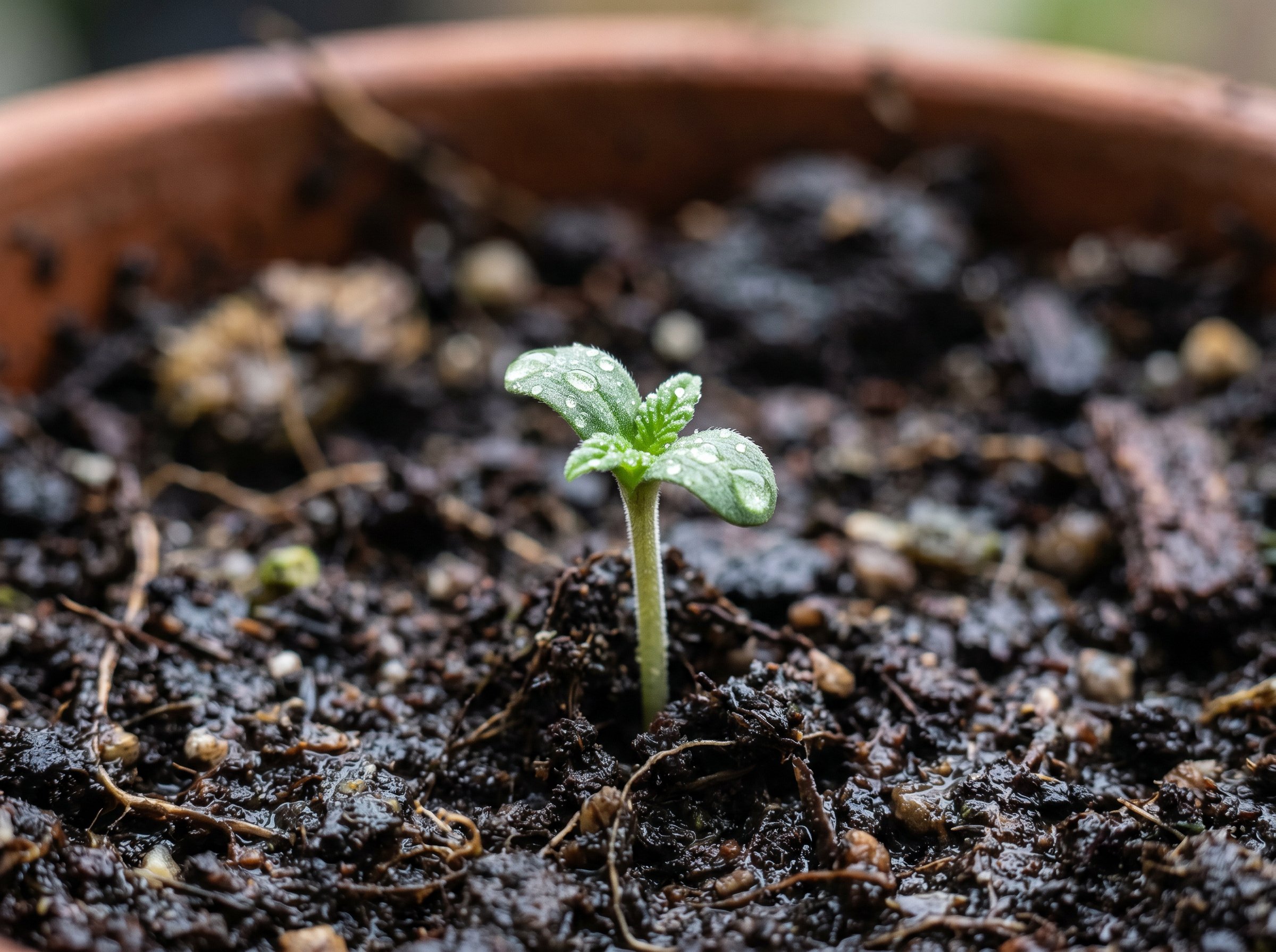 New grass seedlings emerging from overseeded cannabis